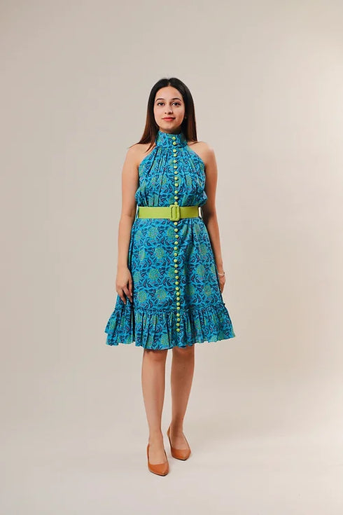 Myra Printed Halter Neck Dress With Belt